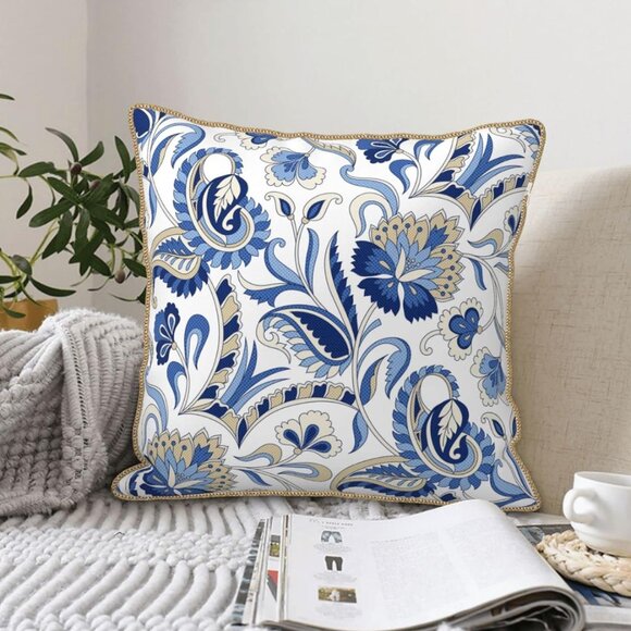 Blue Floral French Country Decorative Velvet Throw Pillow Cover 18x18 Inch - Picture 1 of 4